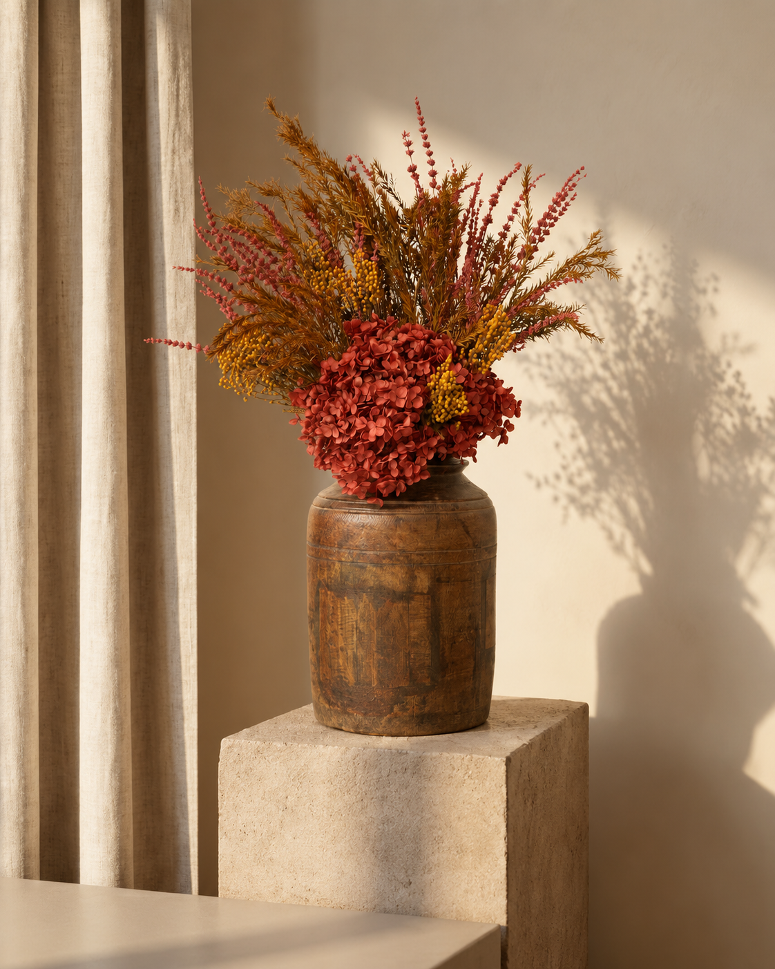 Porcelain Bunch Dried Flower Arrangement in Vintage Pot